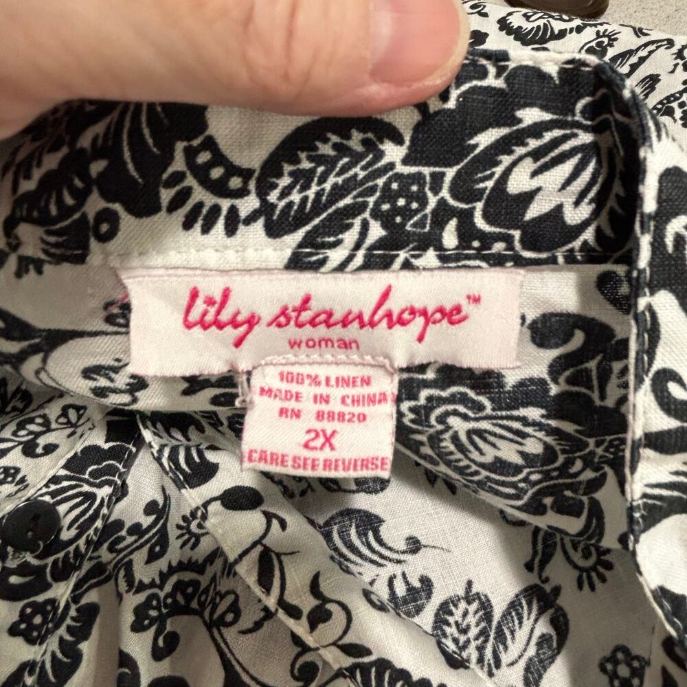lily stanhope plus size 2X black white 3/4 cuffed sleeve linen tunic top blouse - Picture 3 of 9